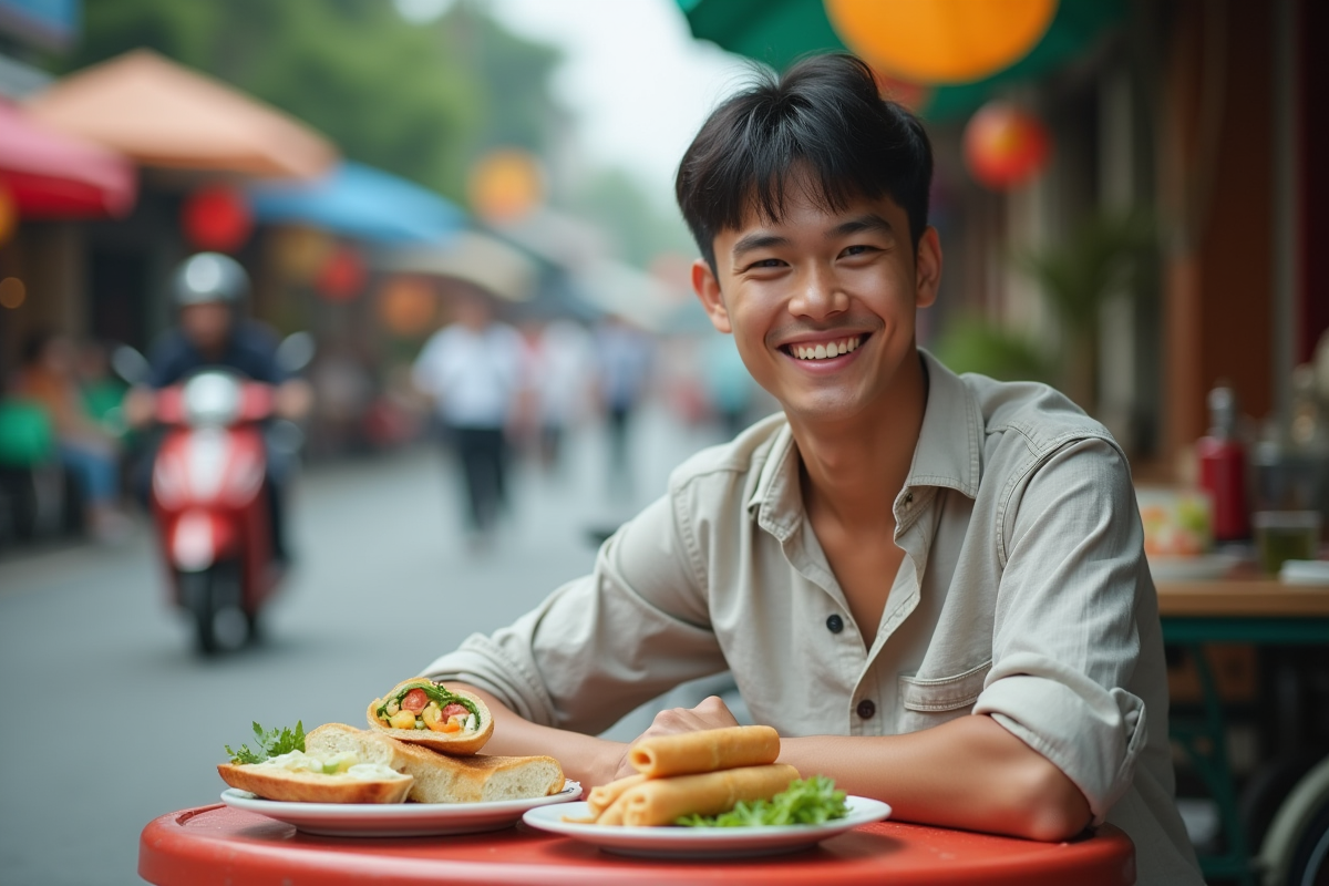 Jeune vietnamien souriant avec bánh mì et rouleaux de printemps