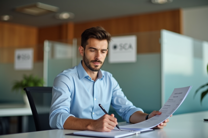 Jeune homme français remplissant des papiers administratifs