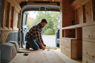 Jeune homme mesurant un panneau en van en cours de conversion