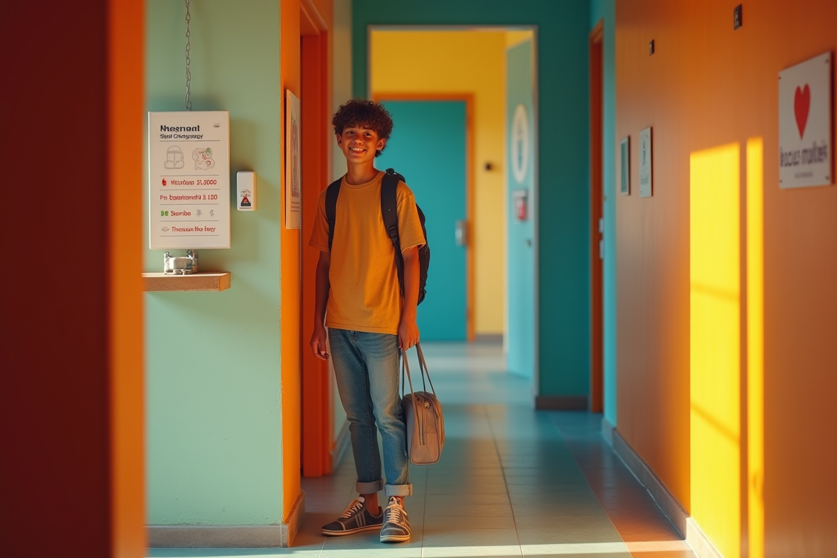 Jeune voyageur devant la porte de la salle de bain