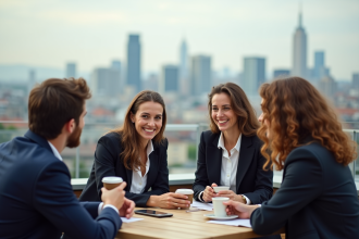 Jeunes professionnels français discutant sur un rooftop avec la ville en arrière-plan