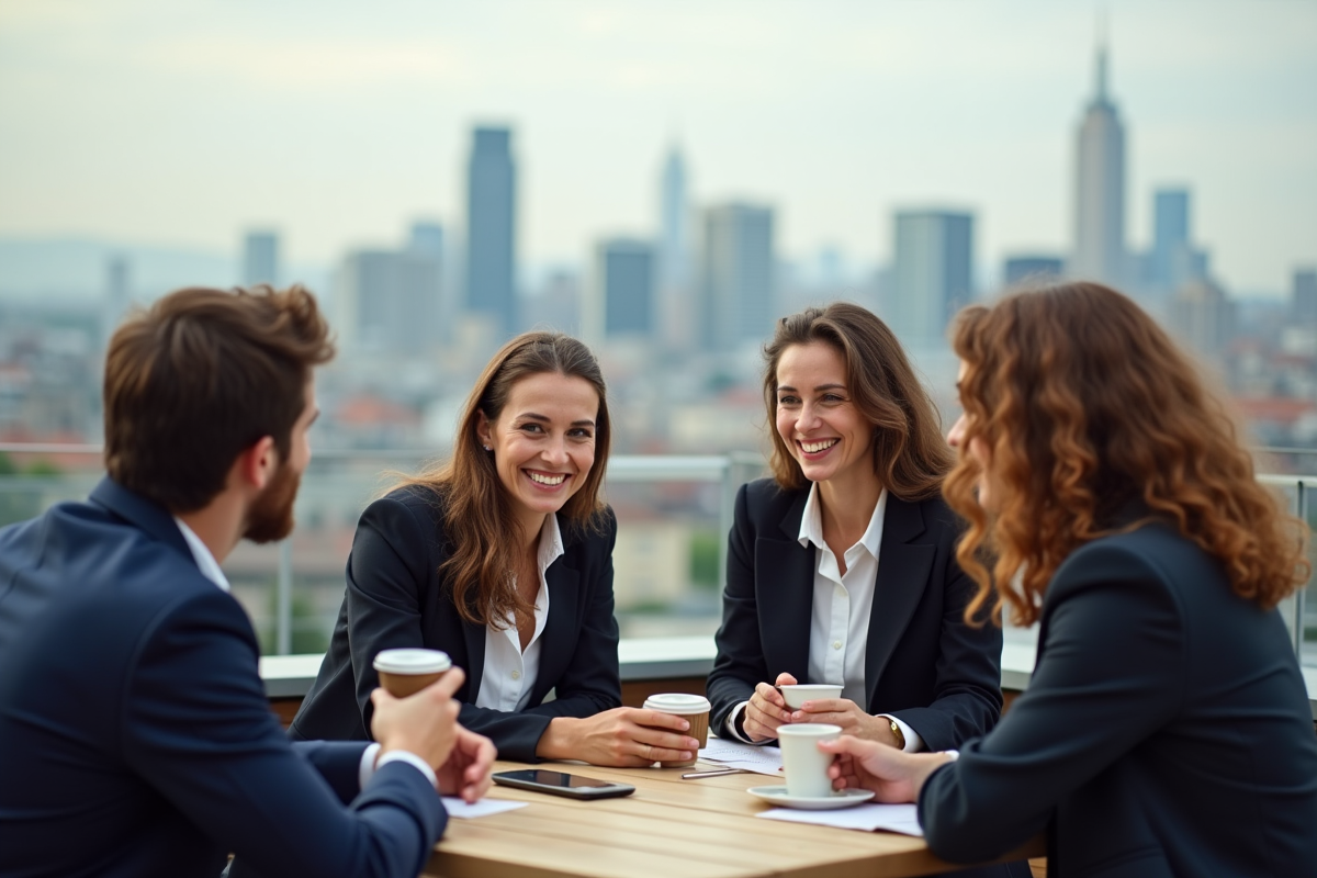 Jeunes professionnels français discutant sur un rooftop avec la ville en arrière-plan