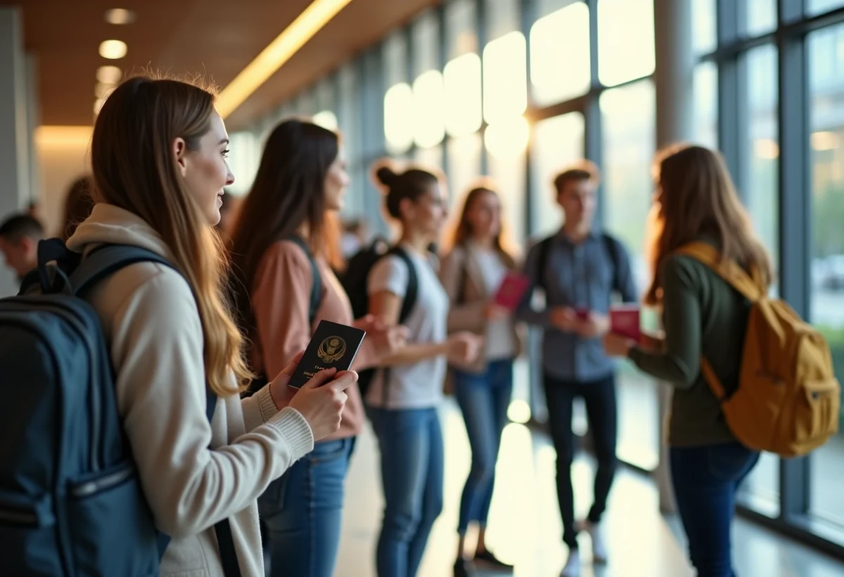 Groupe de jeunes voyageurs à la réception d'une auberge de jeunesse