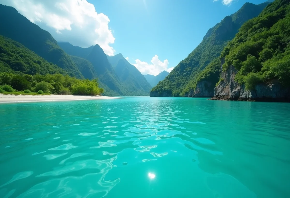 Lagune turquoise entre montagnes vertes et plage blanche