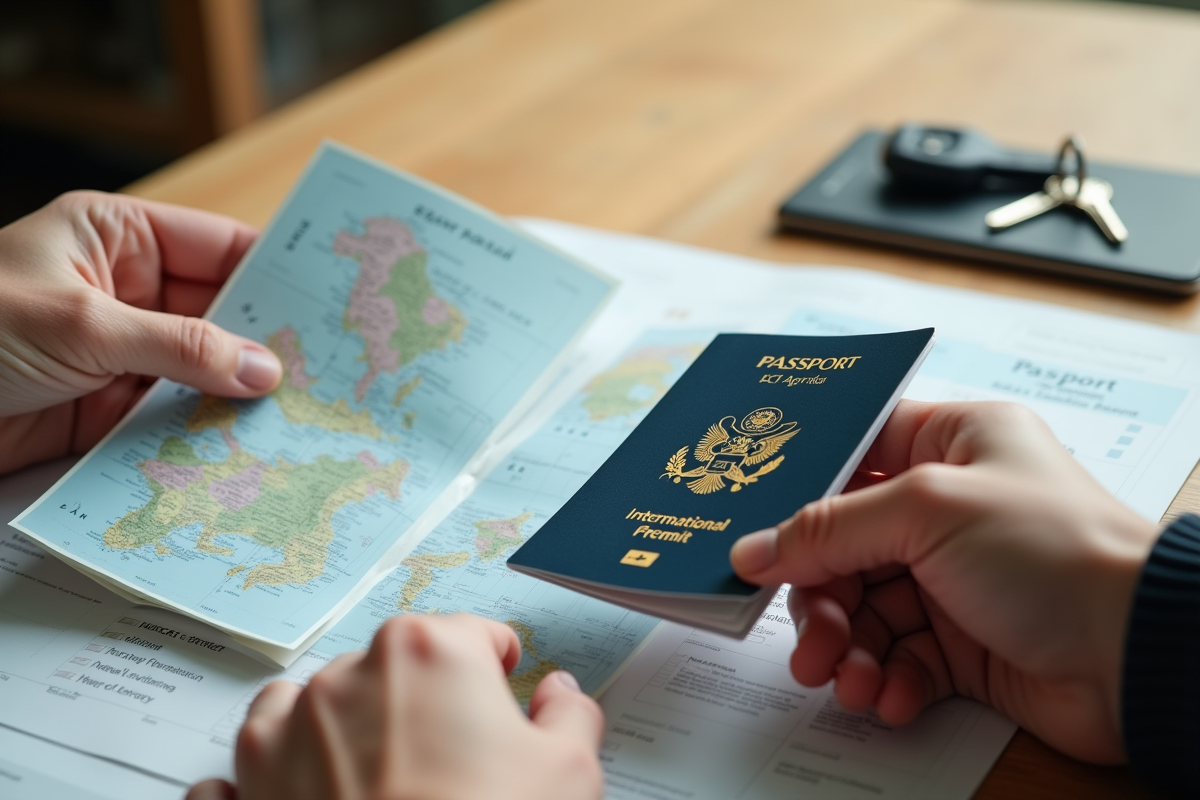 Mains tenant un permis de conduire et un passeport sur une table en bois