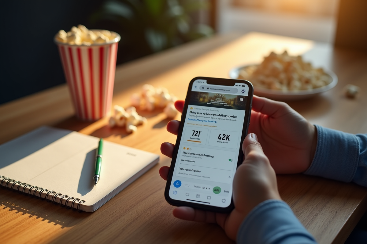 Mains tenant un smartphone avec site de notation de films