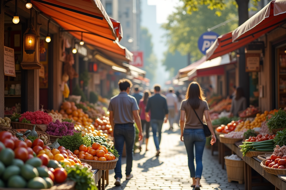 Marché urbain animé avec produits frais et fleurs