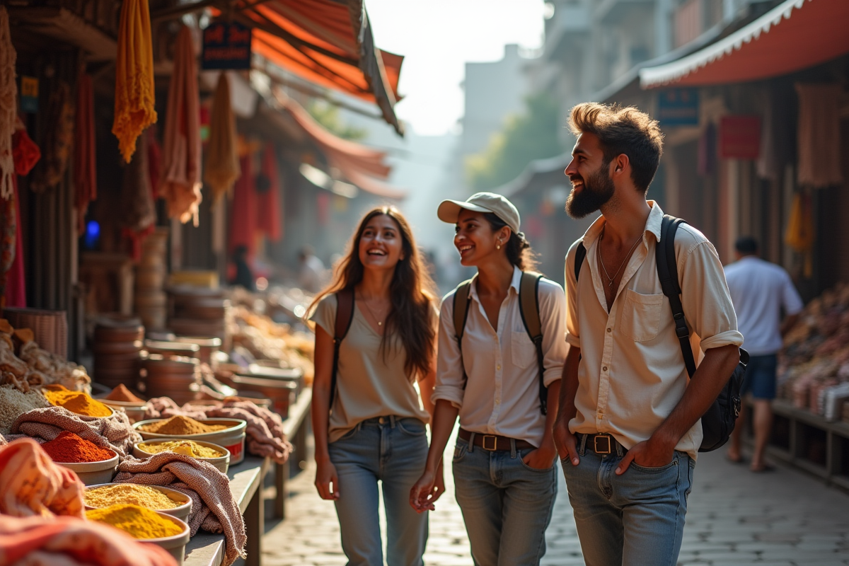 Jeunes touristes dans un marché coloré en Inde