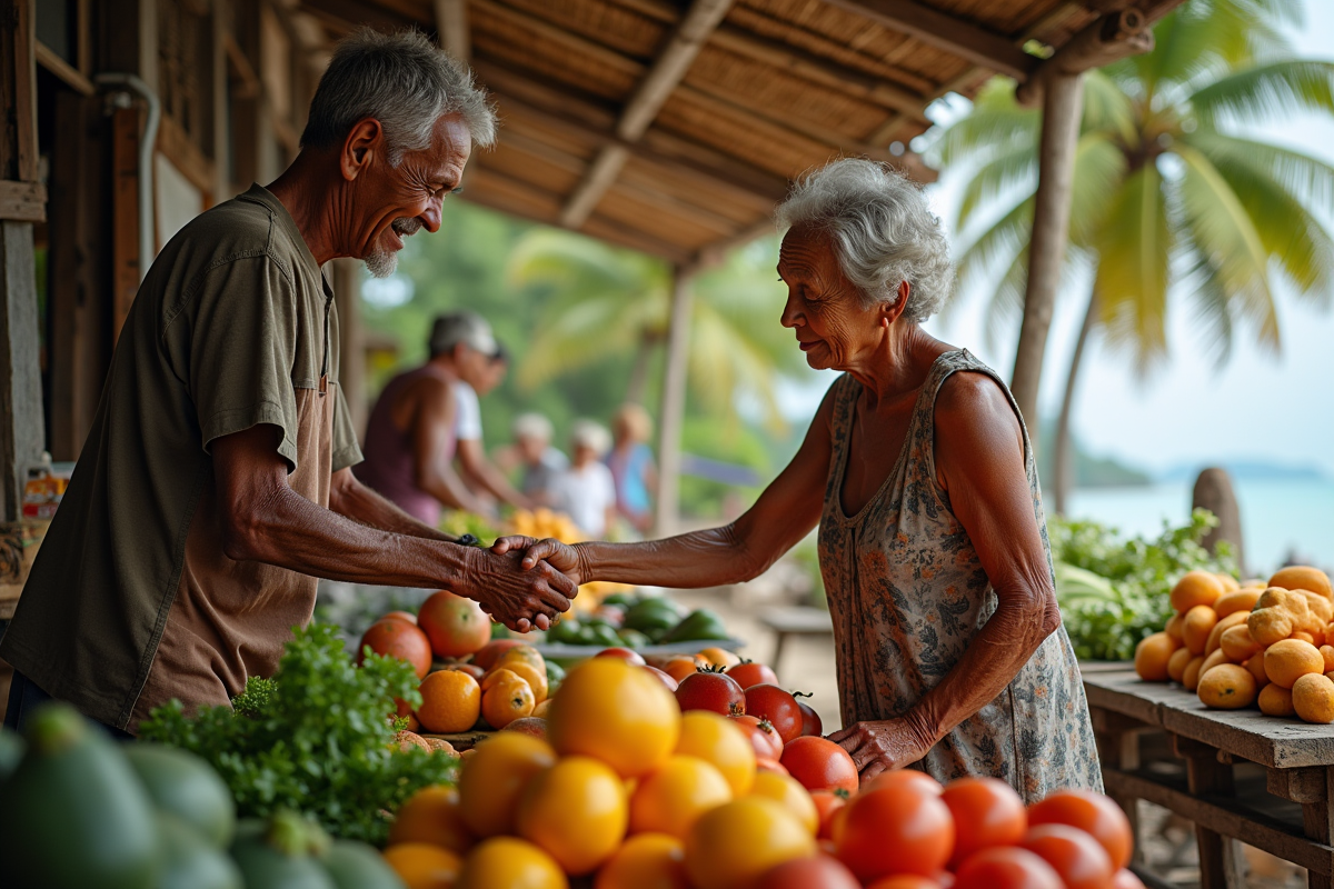 Marché en plein air avec vendeurs et fruits sur une île tropicale