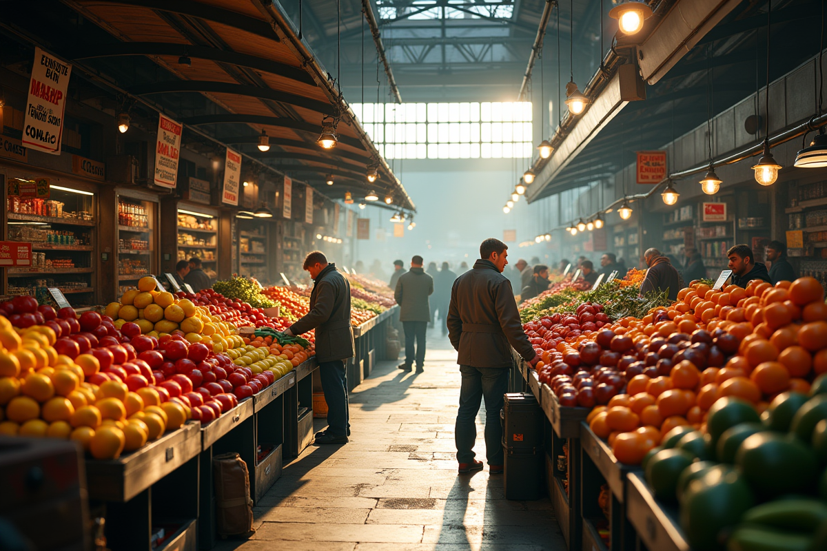 Activite matinale au marche de Rungis avec vendeurs et fruits frais