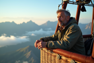 Homme d'âge moyen dans une montgolfière regardant le ciel