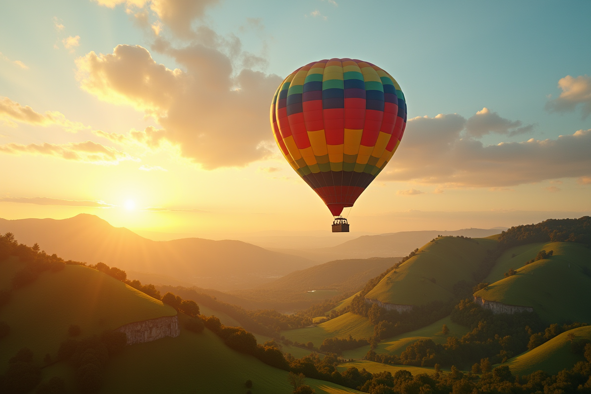 Montgolfière colorée survolant un paysage vert au lever du soleil