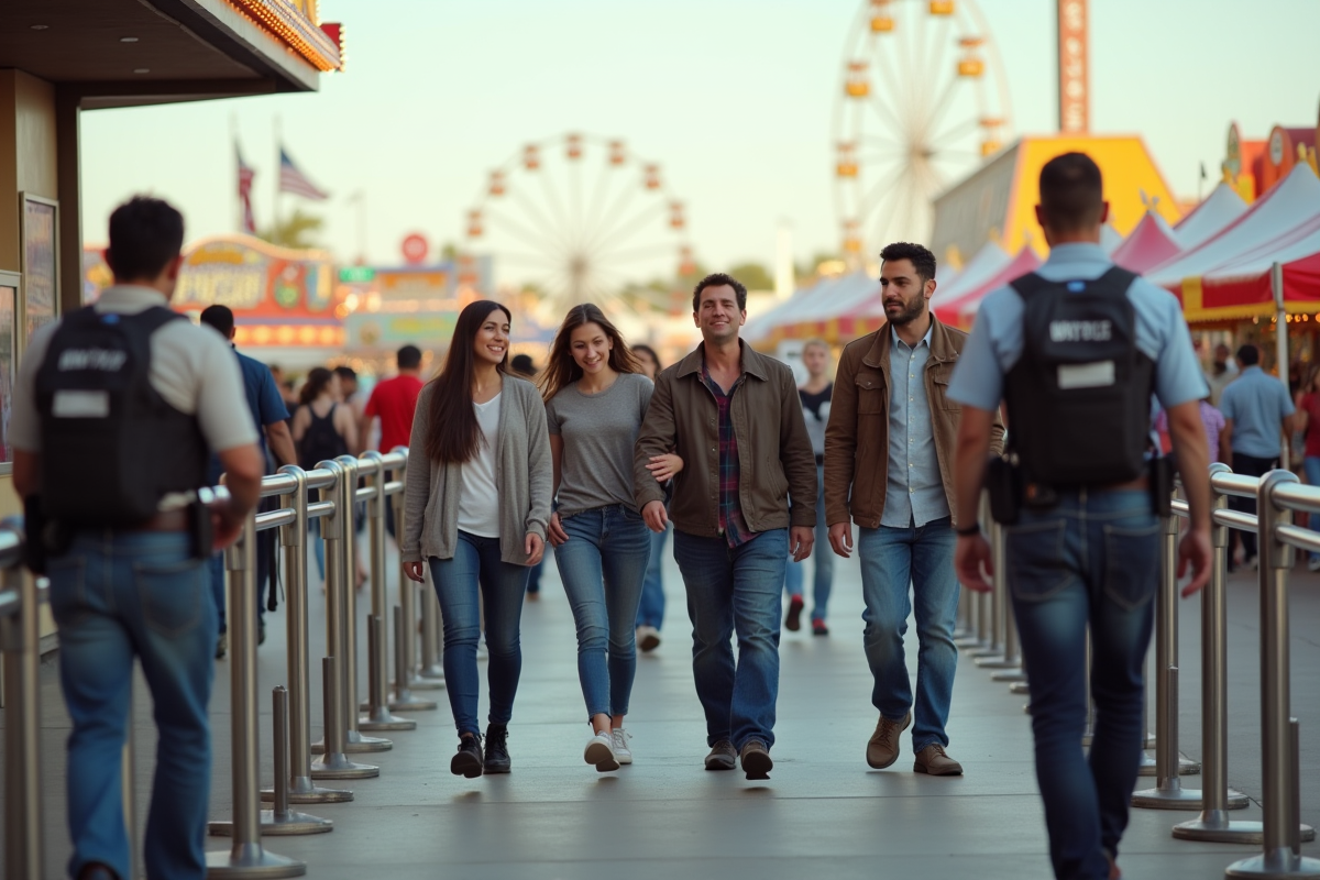 Familles et jeunes passant par le contrôle de sécurité à Fresno