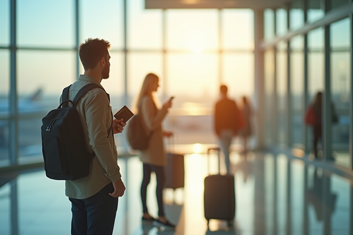 Voyageurs dans un aéroport lumineux avec passeports et valises