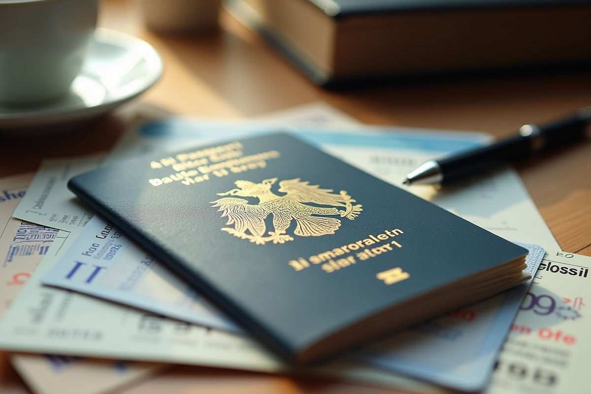 Passeport belge et visa uk sur bureau en bois