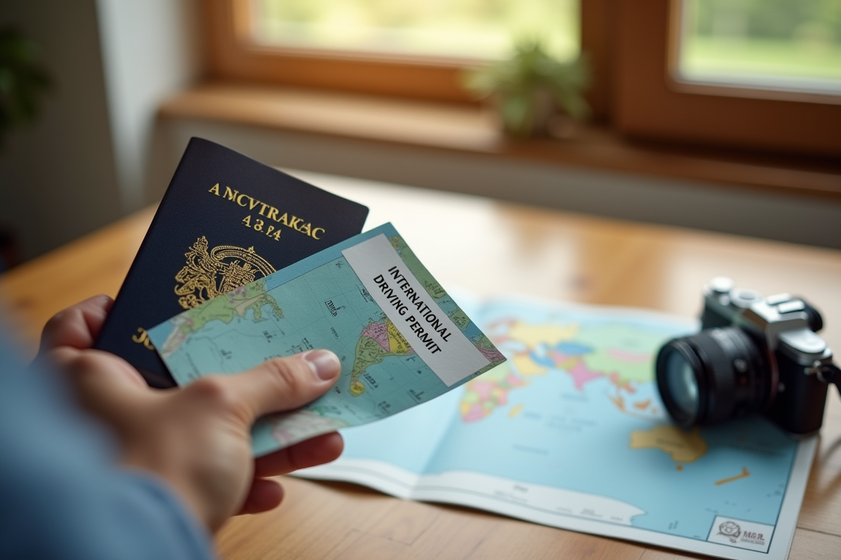 Main tenant un permis de conduire international et un passeport sur une table ensoleillée