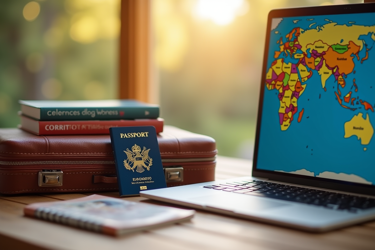 Passeport français et valise sur une table en bois avec guides de voyage