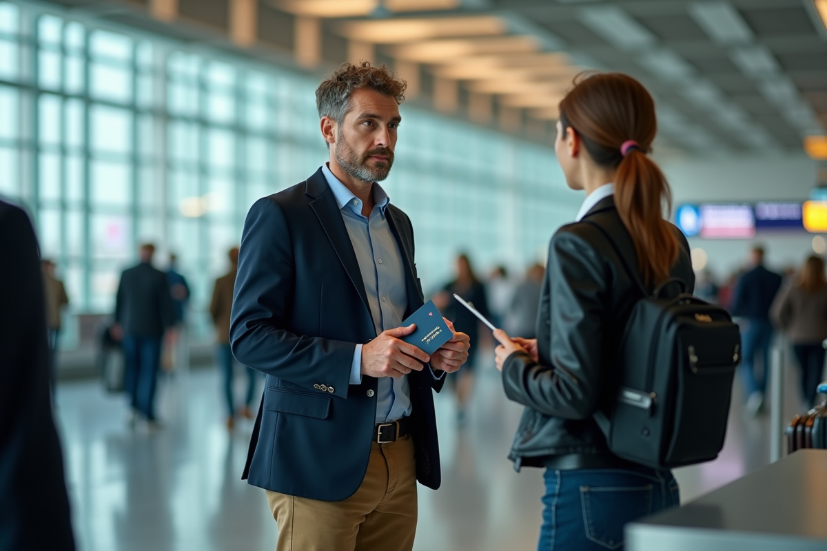 Homme avec passeport français dans un aéroport animé