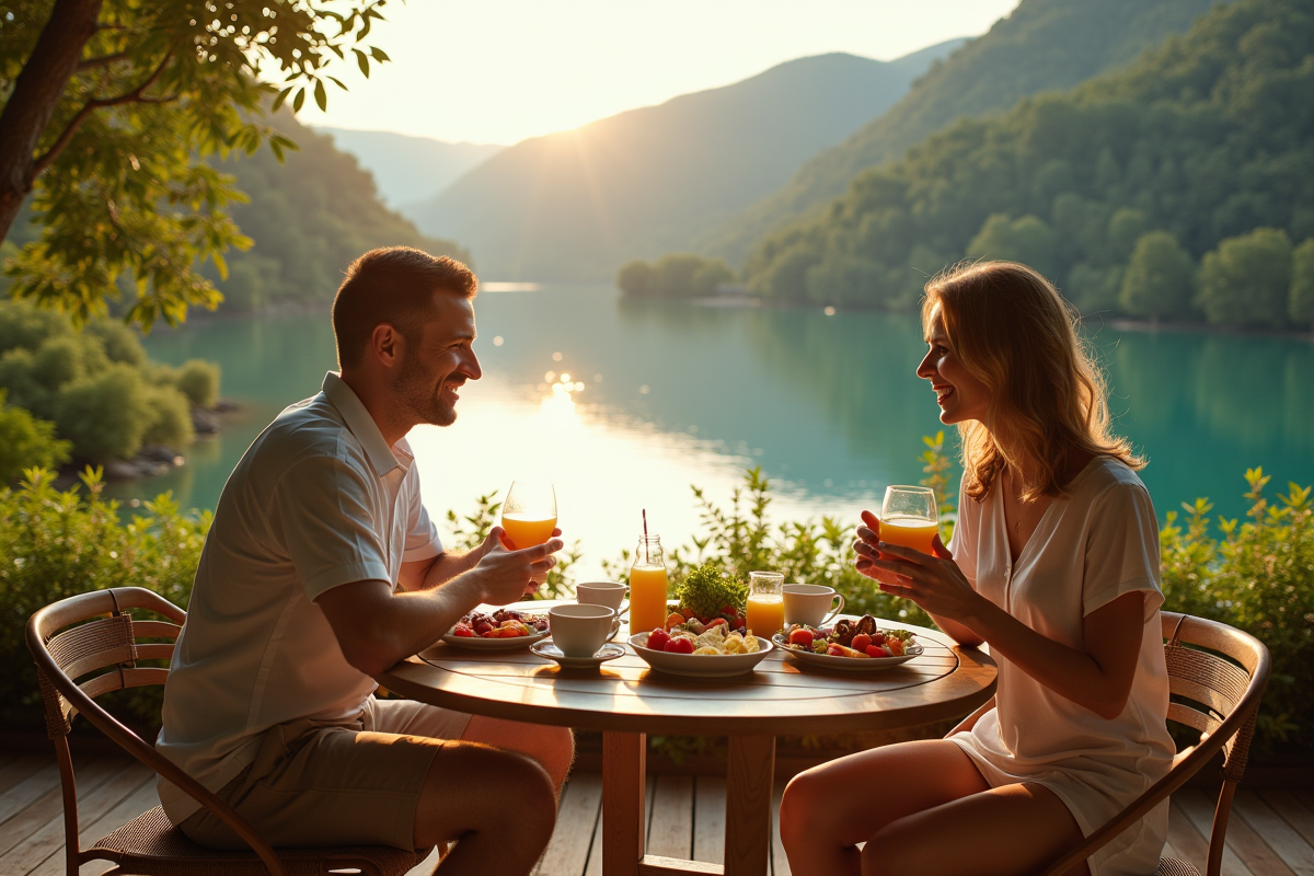 Couple prenant petit déjeuner au bord d