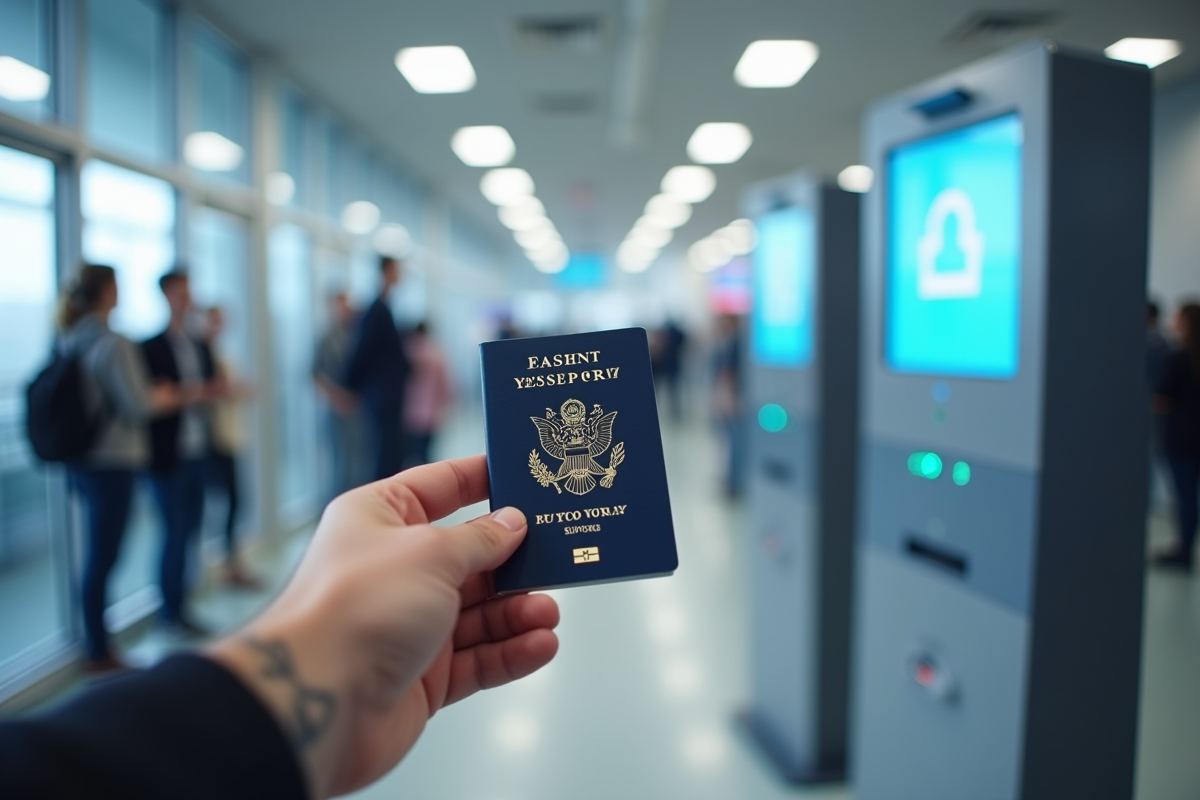 Main tenant un passeport français devant une borne photo en bureau