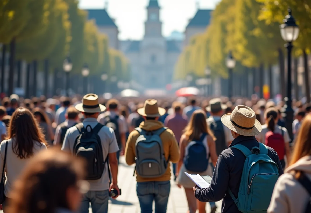 Place animée avec touristes et appareils photo