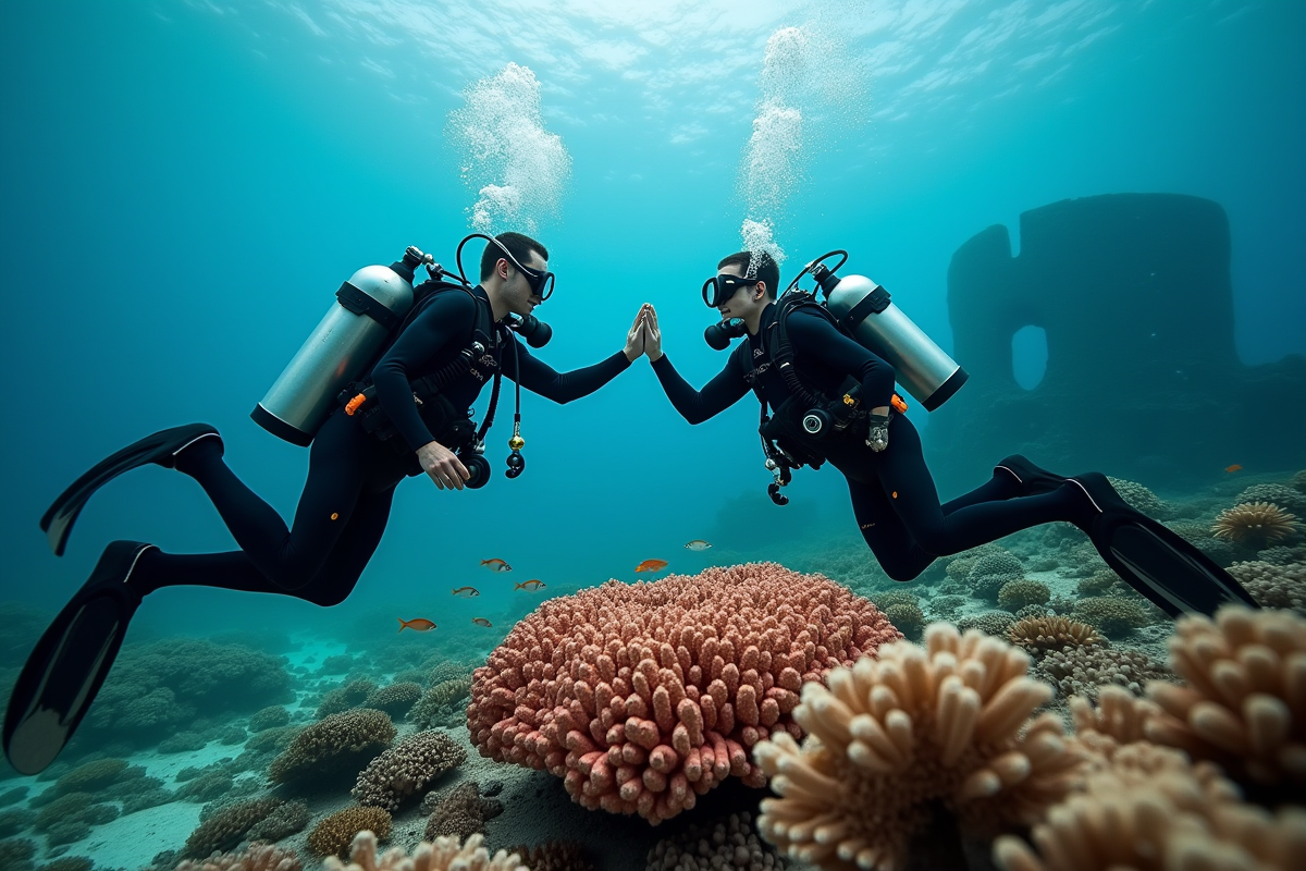 Deux hommes en plongée explorent un récif de corail avec un navire en arrière-plan