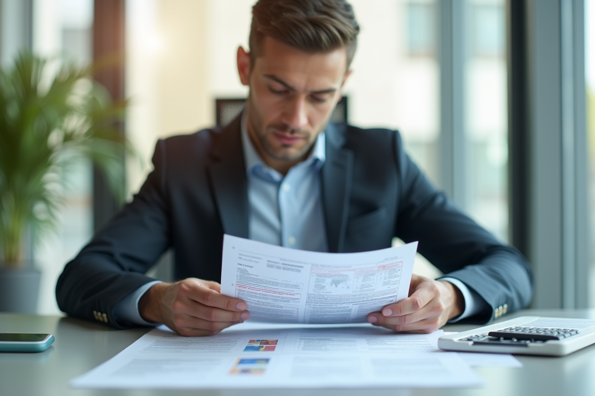 Professionnel en affaires étudiant documents de voyage et assurance