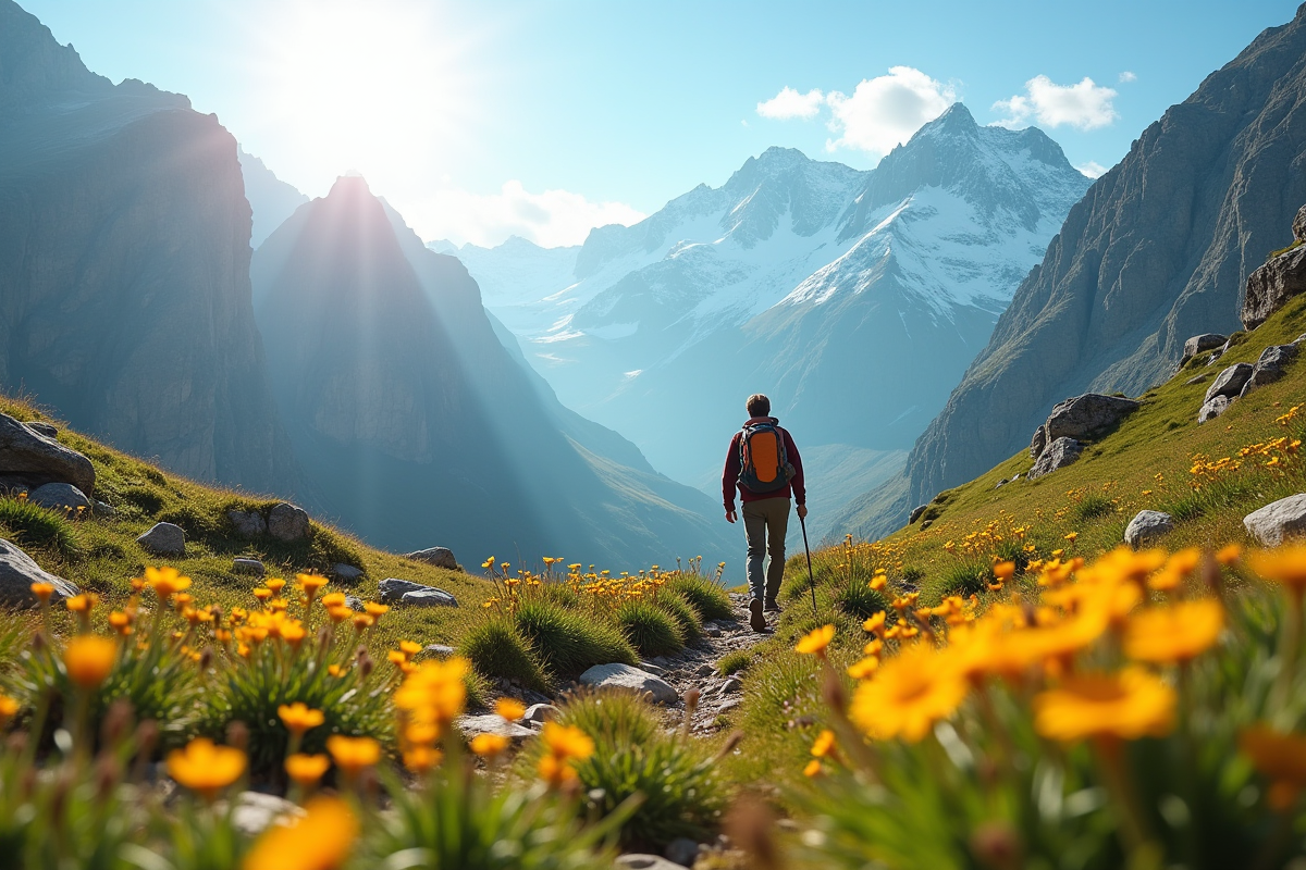 Randonneur en montagne traversant un alpage ensoleille avec fleurs sauvages