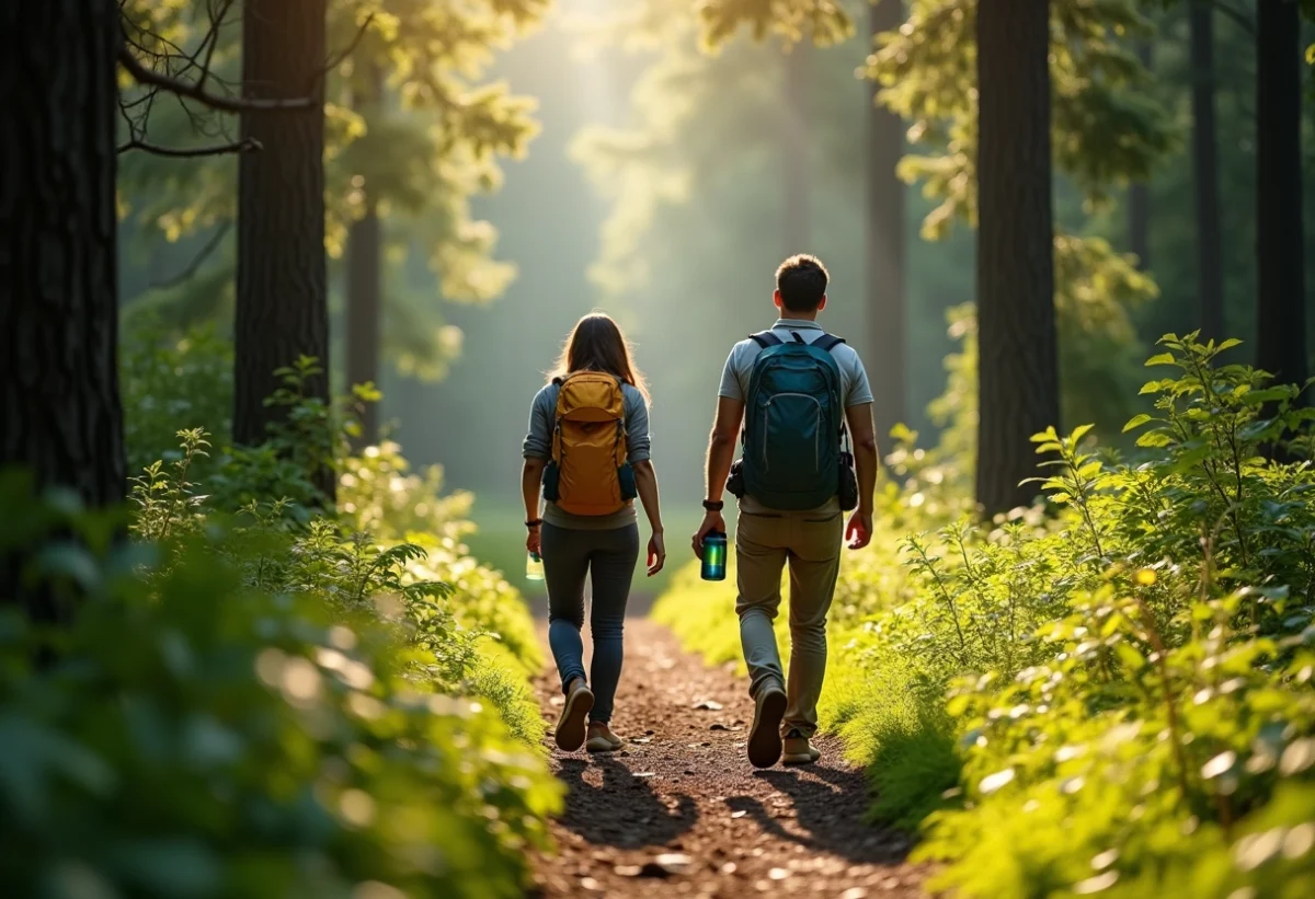 Groupe de randonneurs sur un sentier forestier en matinée
