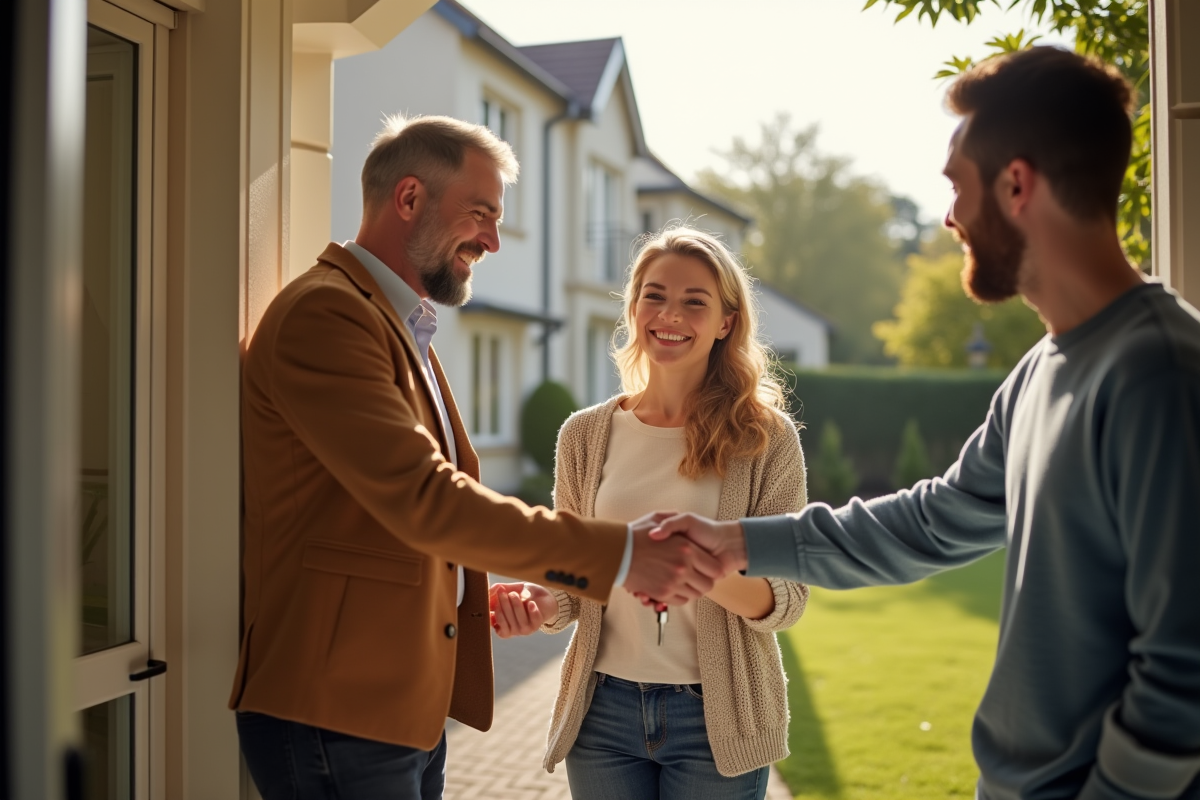 Couple remettant les clés à un invité souriant devant la maison