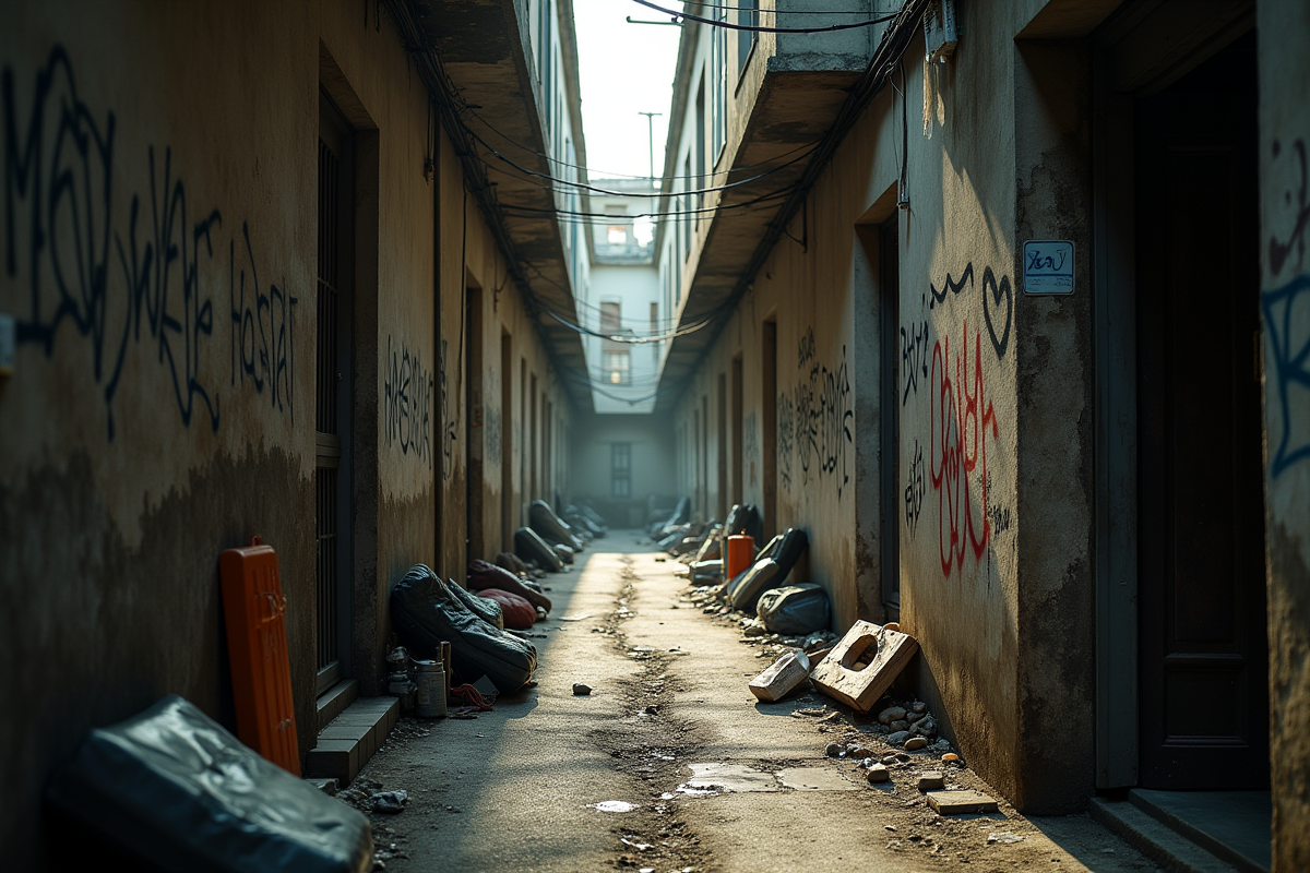 Ruelle abandonnée avec graffitis et lumière filtrante