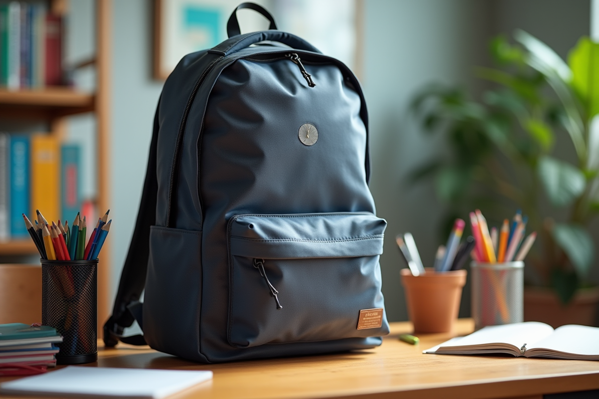 Sac a dos moyen sur bureau avec objets scolaires et professionnels
