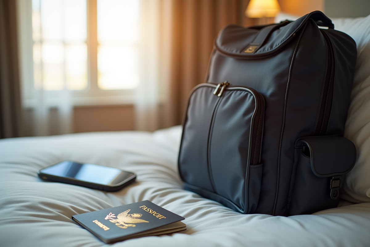 Sac à dos de voyage avec passeport expiré et smartphone sur lit