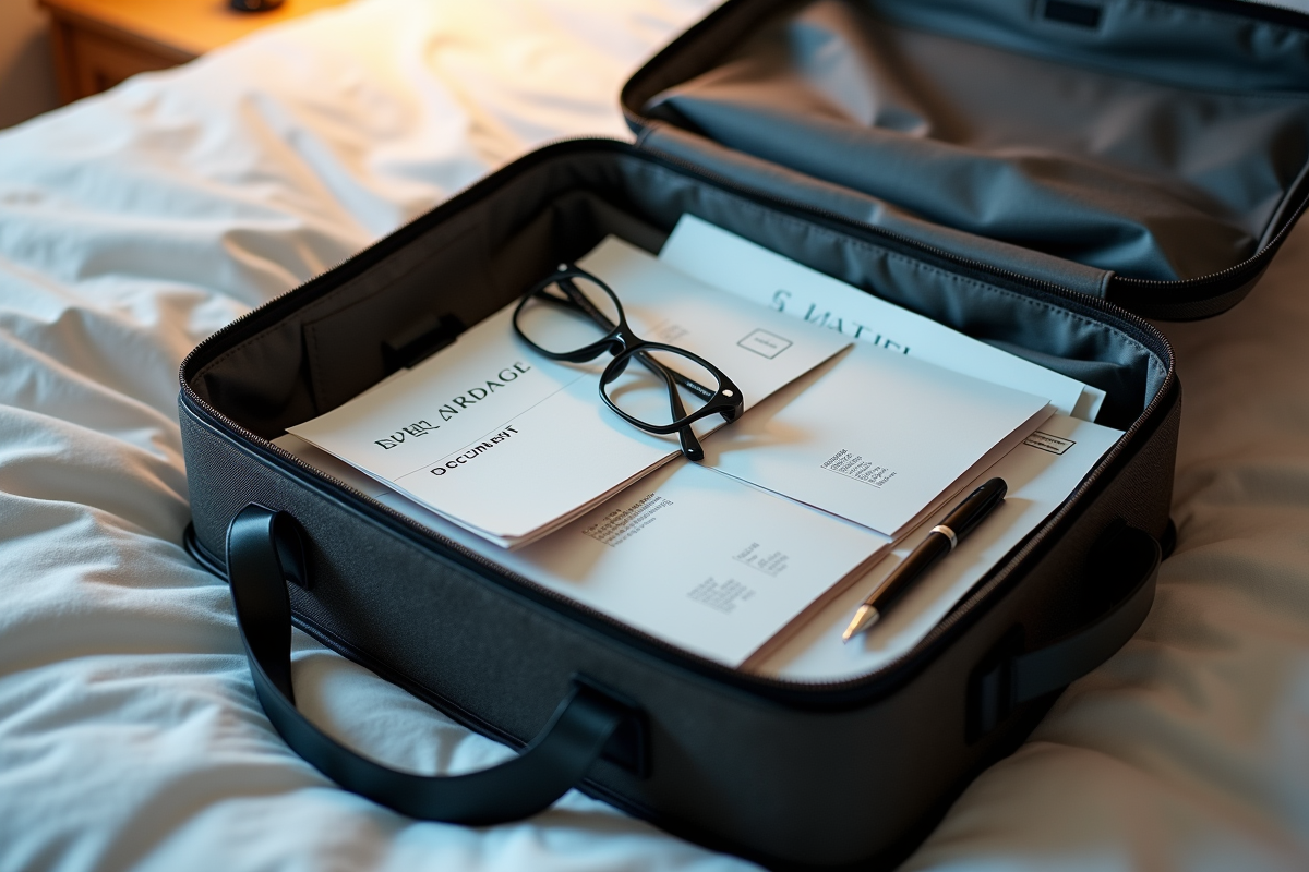 Sac de voyage ouvert avec documents et accessoires sur le lit