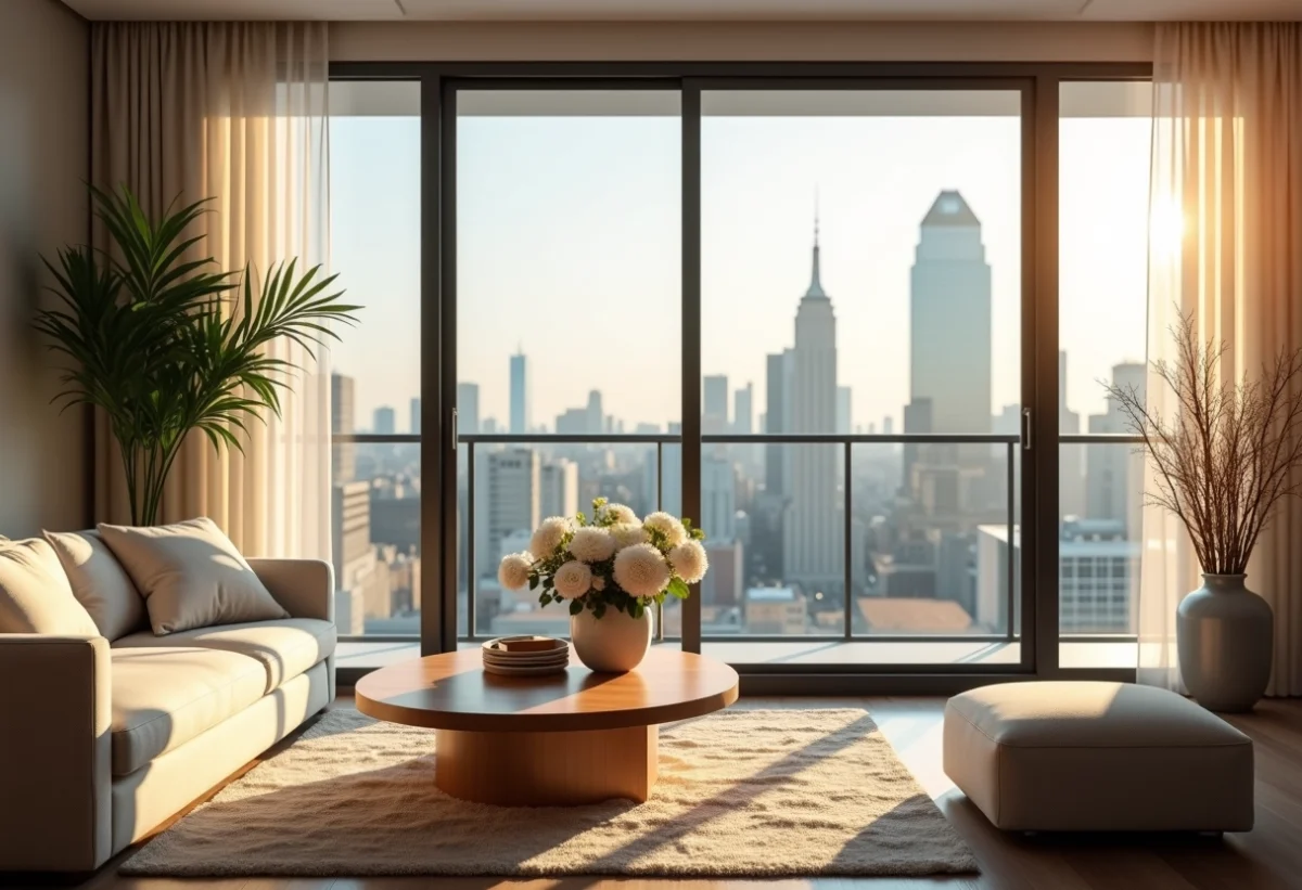 Salon lumineux dans un appartement moderne avec vue urbaine