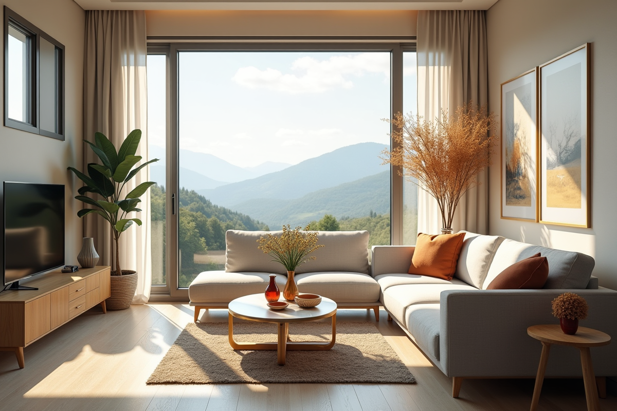 Salon moderne lumineux avec vue et canapé confortable