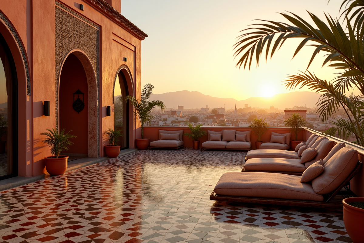 Terrasse de riad marocain au coucher du soleil avec mosaïques et coussins