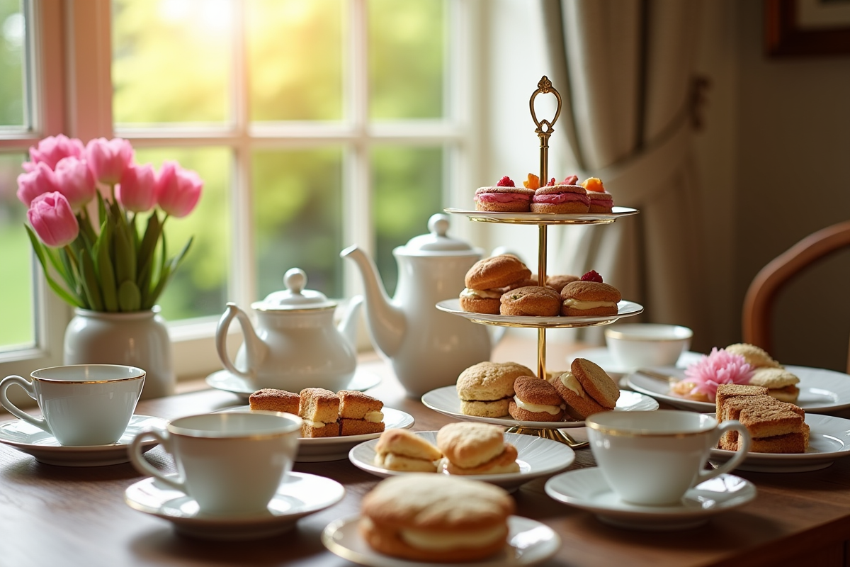 Thé anglais traditionnel sur une table en bois ensoleillée