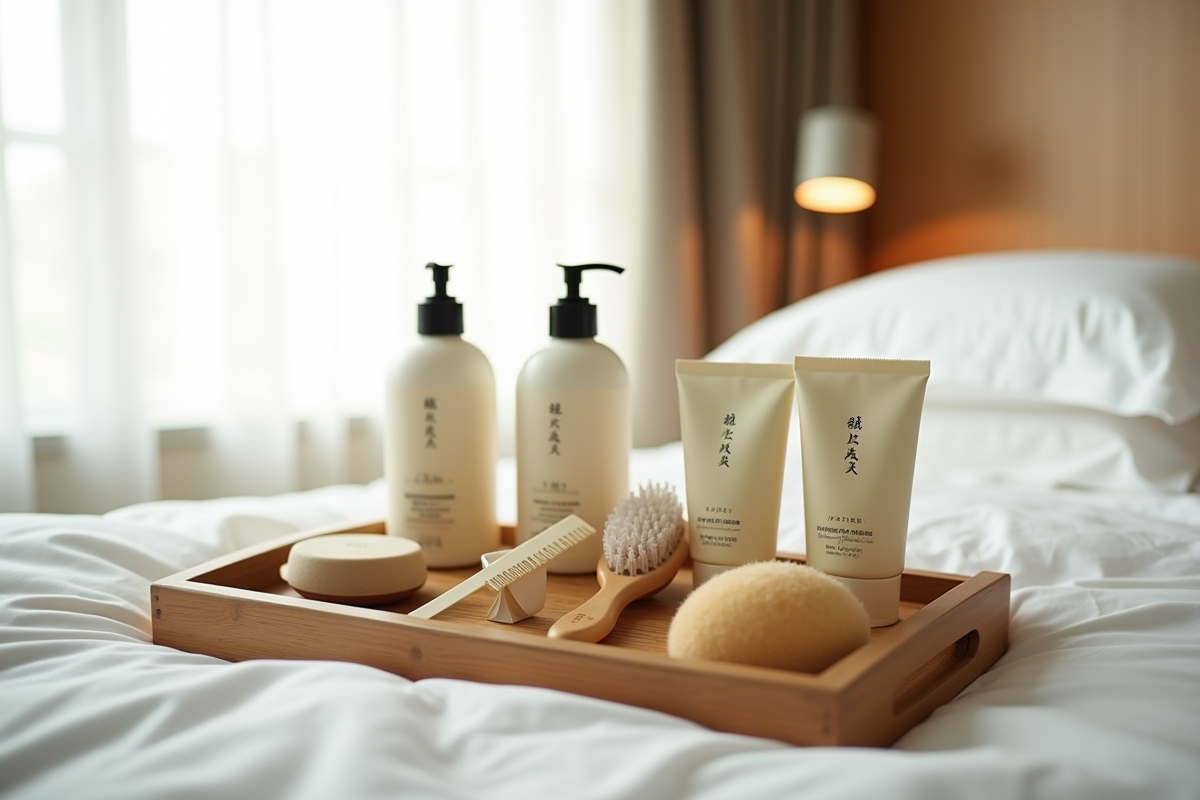 Trousse de produits japonais sur lit blanc matinal