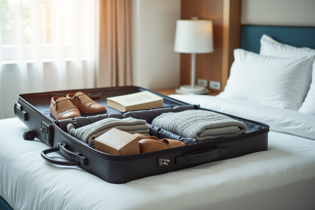 Valise ouverte avec vetements et livres dans une chambre lumineuse