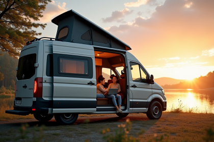 Van moderne au bord d'un lac au lever du soleil avec intérieur cosy