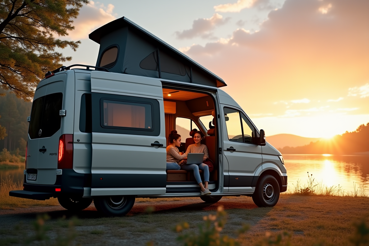Van moderne au bord d'un lac au lever du soleil avec intérieur cosy