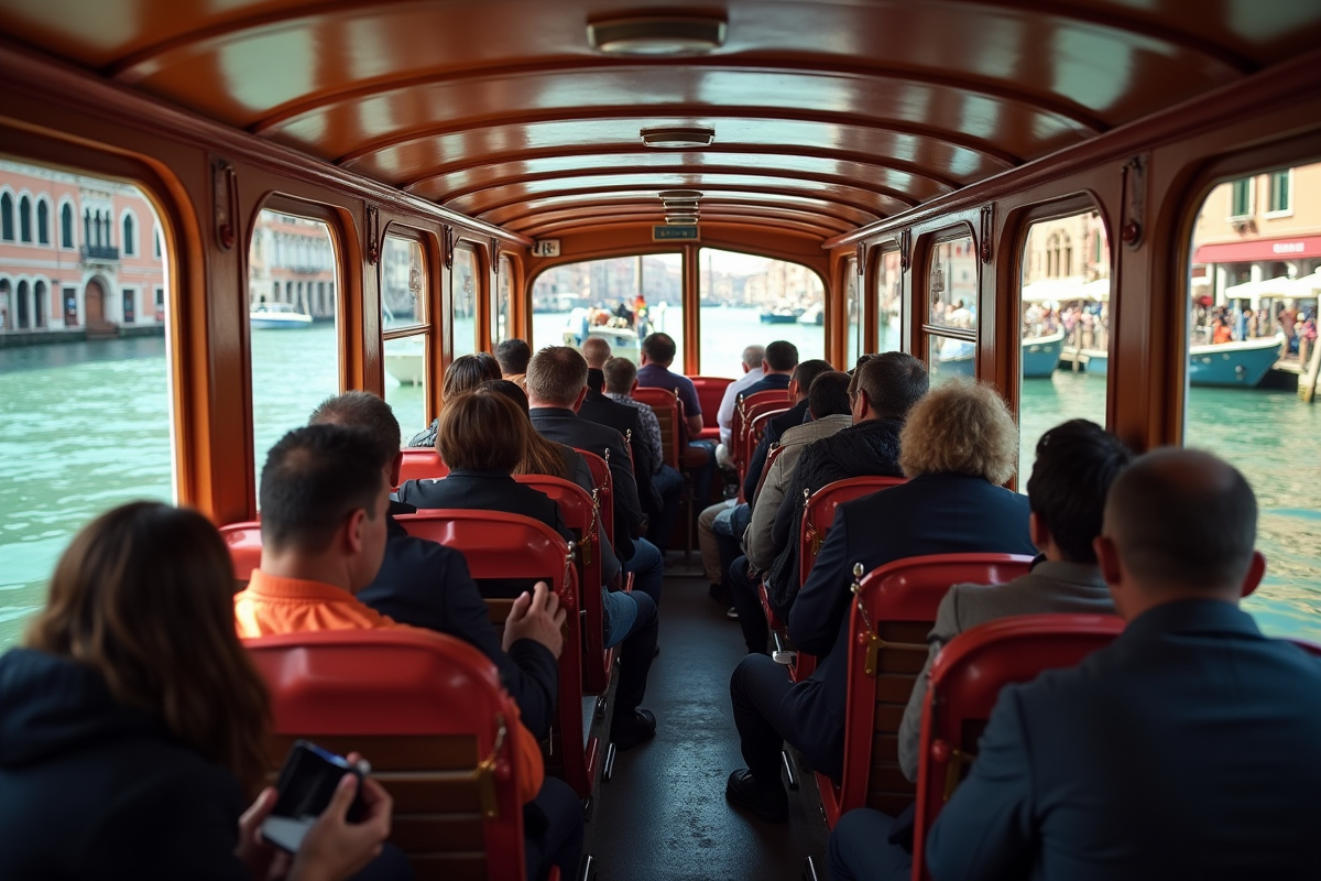 Vaporetto rempli de passagers avec vue sur les bâtiments et canaux de Venise
