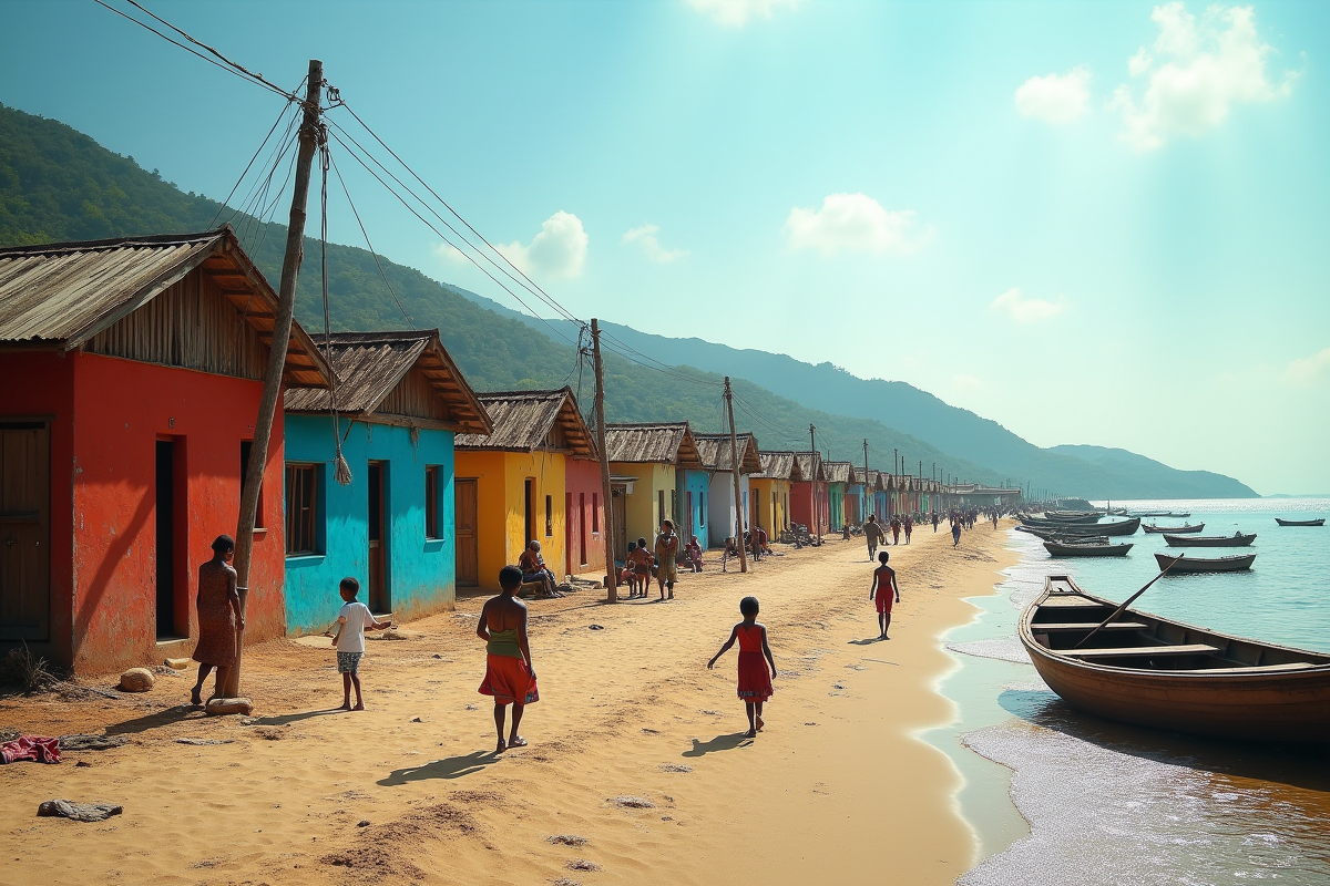Village côtier coloré sur une île isolée avec bateaux et enfants