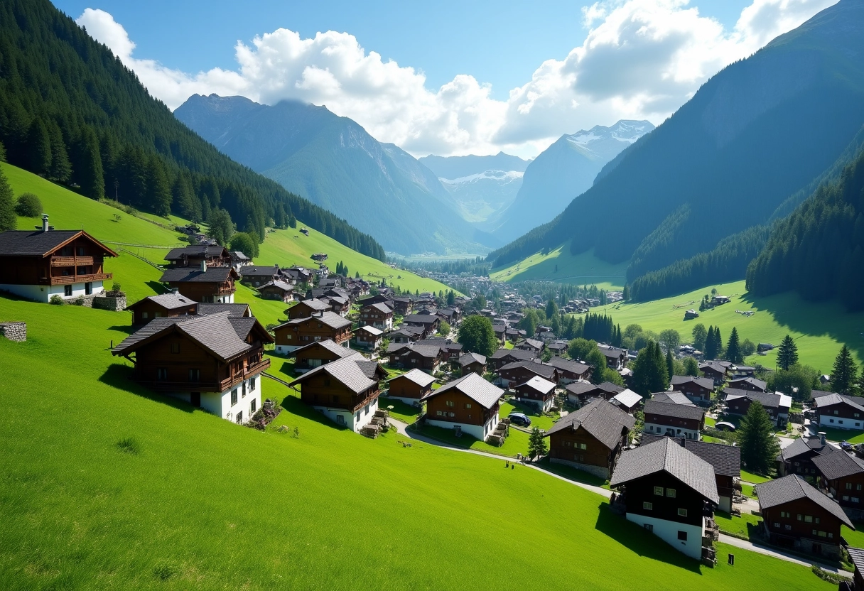 Charmant village suisse avec chalets et collines verdoyantes