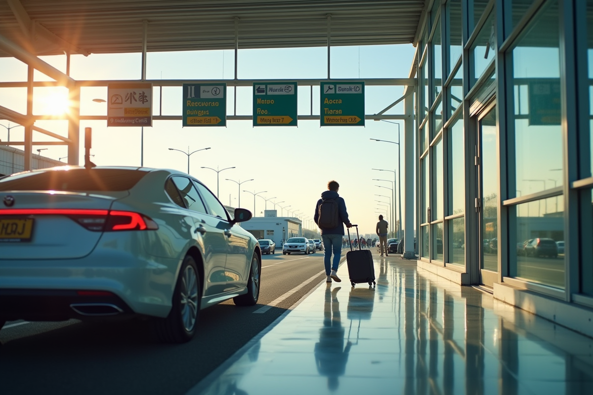 Voiture près d un terminal d arrivée avec un touriste et ses bagages en lumière naturelle