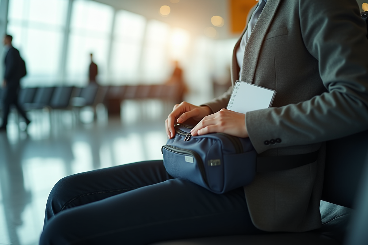 Personne assise dans un salon d'aéroport avec sac banane moderne