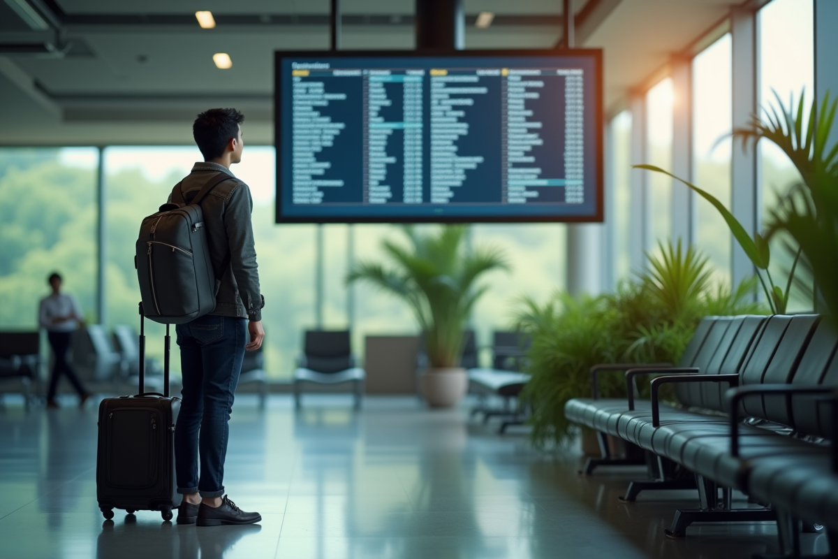 Voyageur regardant un tableau de départs dans un aéroport avec végétation tropicale
